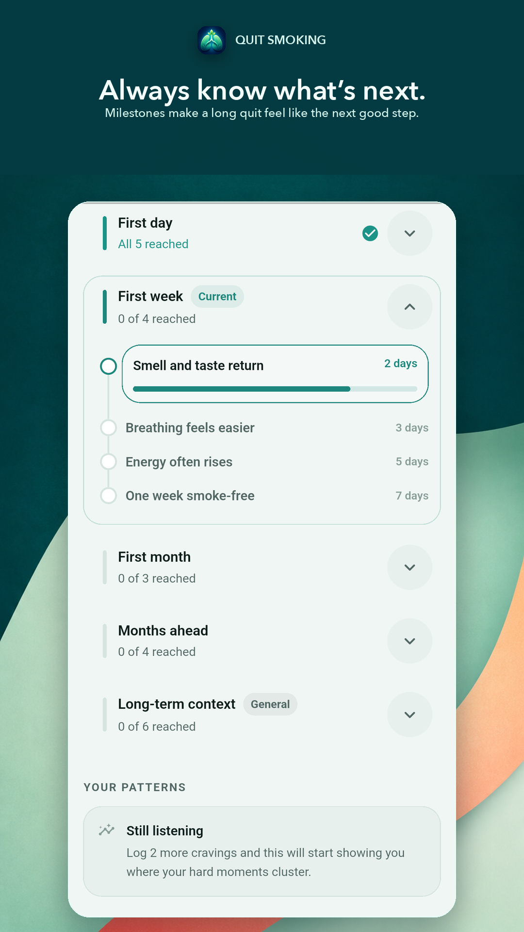 Quit Smoking app journey screen showing upcoming milestones